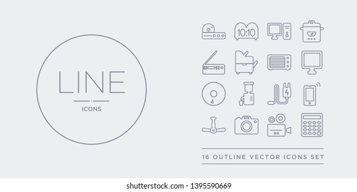 16 line vector icons set such as calculator, camcorder, camera, ceiling fan, cell phone contains charger, cold-pressed juicer, compact disc, computer. calculator, camcorder, camera from electronic