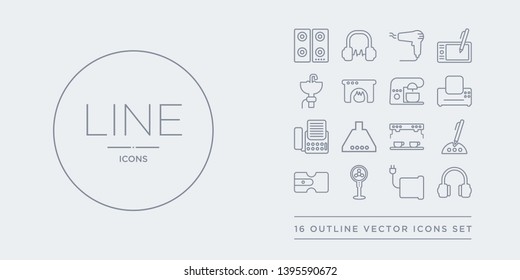 16 line vector icons set such as earphones, electric blanket, electric fan, electric pencil sharpener, electronic contains espresso maker, exhaust hood, fax, fax machine. earphones, blanket, fan