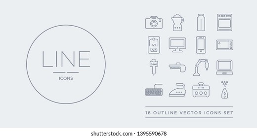 16 line vector icons set such as humidifier, ice cream maker, iron, keyboard, laptop contains laser machine, leaf blower, microphone, microwave. humidifier, ice cream maker, iron from electronic