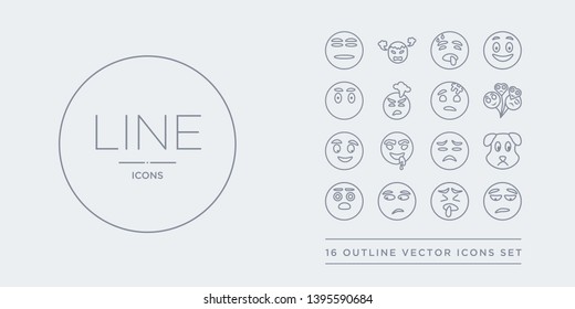 16 line vector icons set such as disappointed emoji, disgusted emoji, dissapointment emoji, dizzy dog contains downcast with sweat drool embarrassed disappointed disgusted dissapointment from