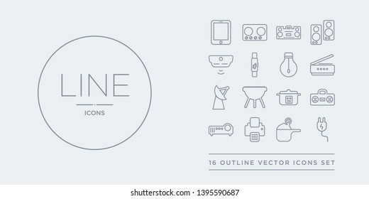 16 line vector icons set such as plug, pressure cooker, printer, projector, radio contains rice cooker, rotisserie, satellite dish, scanner. plug, pressure cooker, printer from electronic devices