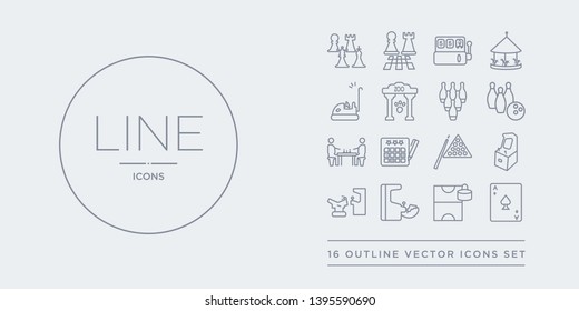 16 line vector icons set such as ace of spades, air hockey, arcade, arcade game, arcade machine contains billiards, bingo, board games, bowling. ace of spades, air hockey, from outline icons. thin,