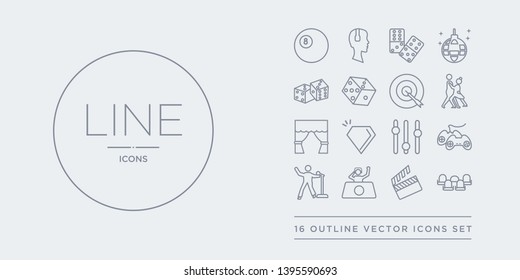 16 line vector icons set such as cinema seat, clapboard, club, concert, controller contains controls, crystal, curtain stage, dance. cinema seat, clapboard, club from entertainment outline icons.