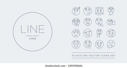 16 line vector icons set such as sneezing emoji, stress emoji, stupid emoji, surprise surprised contains suspect suspicious sweating thinking sneezing stress stupid from outline icons. thin, stroke
