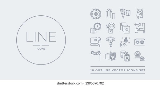 16 line vector icons set such as lottery game, magic cards, mall, masquerade, music tape contains nightclub, paraplane, pc game, pinball. lottery game, magic cards, mall from arcade outline icons.