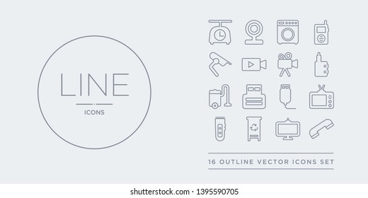 16 line vector icons set such as telephone, television, trash compactor, trimmer, tv contains usb, usb wireless adapter, vacuum cleaner, vaporizer. telephone, television, trash compactor from