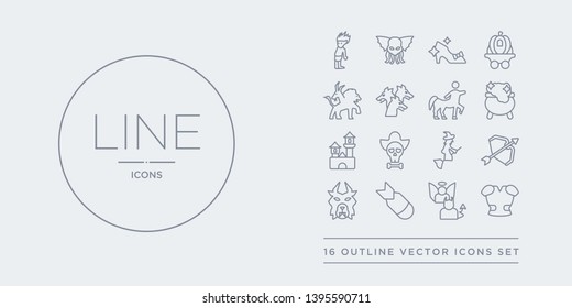16 line vector icons set such as armor, antagonist, atomic bomb, beast, bow and arrow contains broomstick, caribbean, castle, cauldron. armor, antagonist, atomic bomb from fairy tale outline icons.