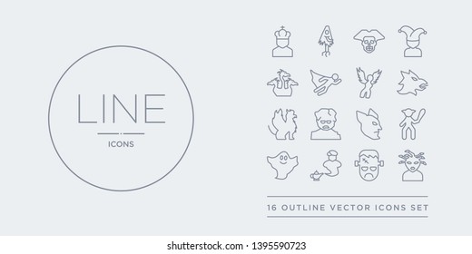 16 line vector icons set such as female medusa, frankenstein, genie, ghost, giant contains goblin, golem, griffin, gryphon. female medusa, frankenstein, genie from fairy tale outline icons. thin,