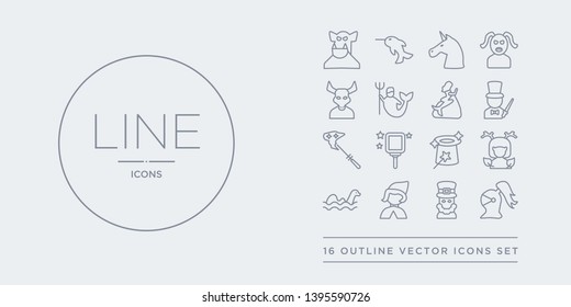 16 line vector icons set such as knight, leprechaun, little  riding hood, loch ness monster, madre monte contains magic, magic mirror, magic wand, magician. knight, leprechaun, little  riding hood