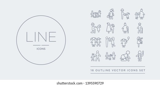 16 line vector icons set such as wife, aunt's or uncle's child, parent, son, daughter contains child, spouse, sibling, grandfather. wife, aunt's or uncle's child, parent from family relations