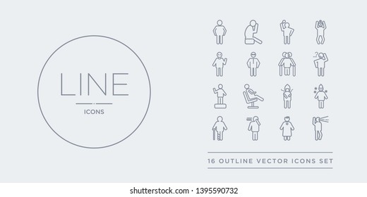 16 line vector icons set such as blah human, blessed human, bo human, broken chill contains cold comfortable confident confused blah blessed bo from feelings outline icons. thin, stroke elements