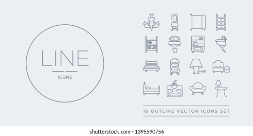 16 line vector icons set such as adornment, armchair, bath, bed, bedroom contains bedroom lamp, bedside table, bench, bidet. adornment, armchair, bath from furniture and household outline icons.