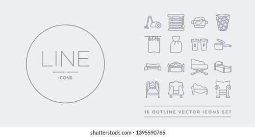 16 line vector icons set such as fauteuil, fainting couch, davenport, canopy bed, sleigh bed contains daybed, headboard, corner sofa, small saucepan. fauteuil, fainting couch, davenport from