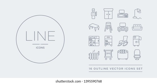 16 line vector icons set such as office chair, ottoman, rack, radiator, refrigerator contains rocking chair, shelf, shelves, sofa. office chair, ottoman, rack from furniture and household outline