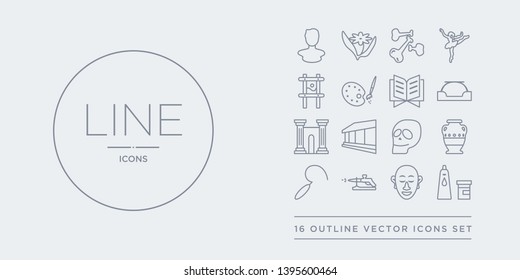 16 line vector icons set such as acrylic, african mask, airbrush, ancient, ancient jar contains anthropology, antic architecture, antique column, arc. acrylic, african mask, airbrush from museum