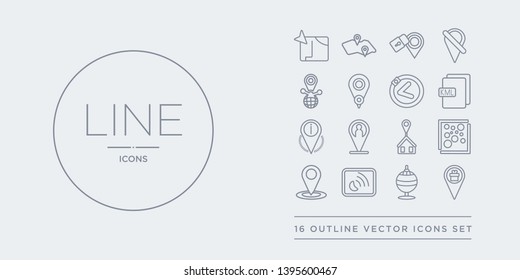 16 Line Vector Icons Set Such As Gift Shop Location, Globe, Gps Device, Gps Location, Heat Map Contains Home Location, Human Information Point Pin, Keyhole?markup Language. Gift Shop Globe, Gps