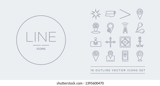 16 line vector icons set such as pharmacy, phone location, placeholder, places to photograph, port contains precision, product positioning, property location, push pin. pharmacy, phone location,