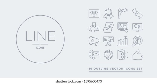 16 line vector icons set such as like, loudspeaker, loyalty, mail, marketing contains marketing graph, marketing presentation, megaphone, online like, loudspeaker, loyalty from outline icons. thin,