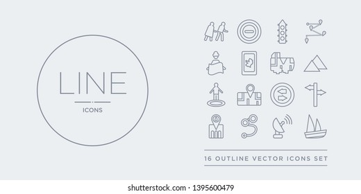 16 line vector icons set such as sailboat, satellite, segment path, shopping pin,   contains straight, street map, street view, terrain. sailboat, satellite, segment path from maps and locations