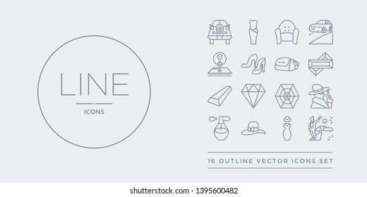 16 line vector icons set such as famous, fashion, fedora hat, fragrance, ganster contains gem, gemstone, gold bar, gold ingot. famous, fashion, fedora hat from luxury outline icons. thin, stroke