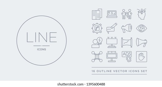 16 line vector icons set such as ad blocker, ads, advertisement, affiliate, announcer contains banner, billboard, brainstorming, business eye. ad blocker, ads, advertisement from marketing outline