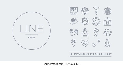 16 line vector icons set such as disabled, distance, down chevron, earth grid, east contains favorite place, find location, find on map, football field pin. disabled, distance, down chevron from