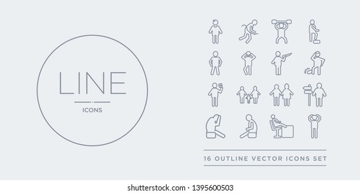 16 line vector icons set such as inspi human, irritated human, lazy human, lonely lost contains loved lovely lucky pissed inspi irritated lazy from feelings outline icons. thin, stroke elements