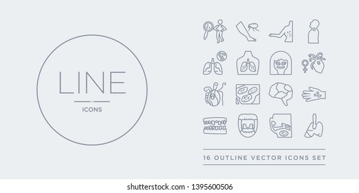 16 line vector icons set such as thymoma, tinnitus, tonsillitis, tooth decay, toxic shock syndrome contains traumatic brain injury (tbi), trichinosis, trichomonas infection (trichomoniasis),
