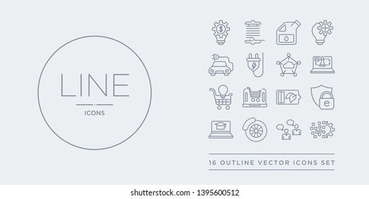 16 line vector icons set such as digital transformation, direct marketing, disk brake, distance learning, e-privacy contains eco battery, ecommerce platform, ecommerce solutions, ecommerce strategy.