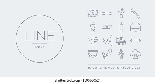 16 line vector icons set such as abs, anatomy, arm, athletic strap, barbell contains bench press, biceps, bodybuilder, bosu ball. abs, anatomy, arm from gym and fitness outline icons. thin, stroke