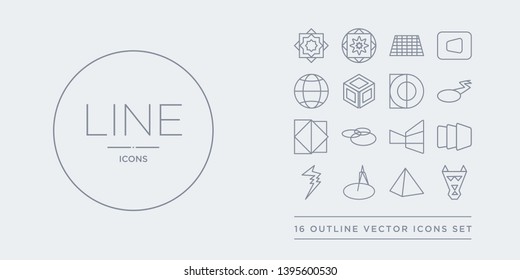 16 line vector icons set such as polygonal wolf head, prism, radius, ray, rectangle contains reflection, rgb, rhombus, segment. polygonal wolf head, prism, radius from geometry outline icons. thin,