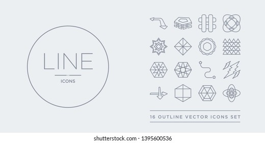 16 line vector icons set such as hexagon, hexahedron, icosahedron, intersection, lightning bolt polygonal contains line segment, metatron cube, multiple triangles inside hexagon, multiple triangles