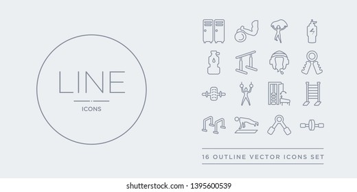 16 line vector icons set such as fitness wheel, grip, gym, gym bars, gym ladder contains station, gymnastic rings, gymnastic roller, hand grip. fitness wheel, grip, from and fitness outline icons.