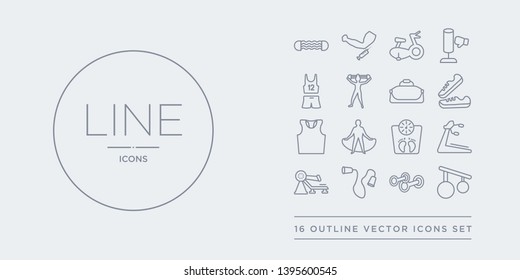 16 line vector icons set such as rings, roller, rope, rowing machine, running machine contains scale, skipping rope, sleeveless, sneakers. rings, roller, rope from gym and fitness outline icons.