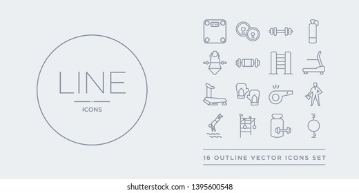 16 line vector icons set such as stretching punching ball, supplement, swedish wall, swim, trainer contains trainer rod, training gloves, treadmill, treadmill machine. stretching punching ball,