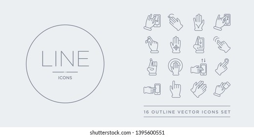 16 line vector icons set such as amonestation gesture, clapping hands, clicking with the left hand, command on and off gesture, command refresh gesture contains command up and down with fingers,