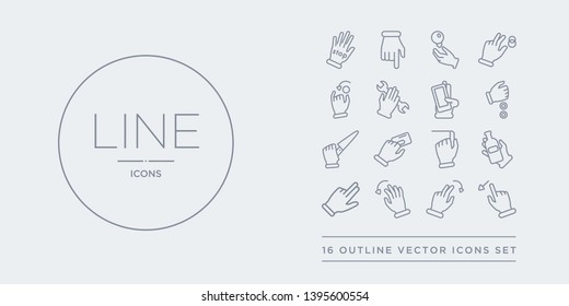 16 line vector icons set such as flick left gesture, flick right gesture, flick to left gesture, up hand and a bottle contains hand and chalk, hand and cit card, knife, money. left right to from