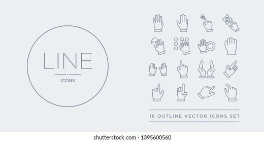 16 line vector icons set such as pinch, point right, point to left, pointing hand, pointing up contains prayer gesture, press with two fingers, prohibition  gesture, punch. pinch, point right, to