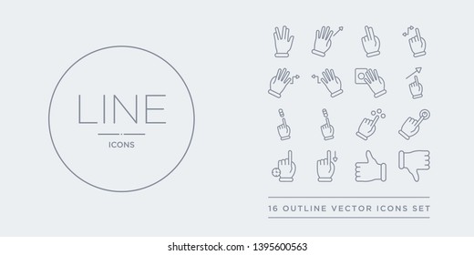 16 line vector icons set such as thumb down, thumbs up, touch and downward sliding gesture, touch and hold, touch and join contains move gesture, scroll gesture, upward slide, vertical sliding thumb
