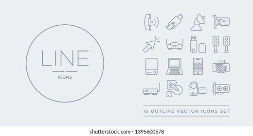 16 line vector icons set such as gpu, handy cam, harddrive, hardware hotspot, keyboard wire contains keypad phone, laptop screen, local disk, loudspeakers. gpu, handy cam, harddrive from hardware