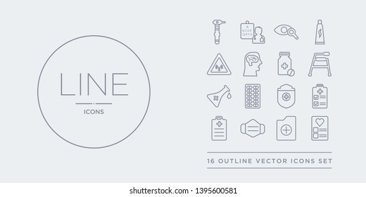 16 line vector icons set such as medical file, medical history, medical mask, report, result contains shield, strip, substance, walker. file, history, mask from health and outline icons. thin,