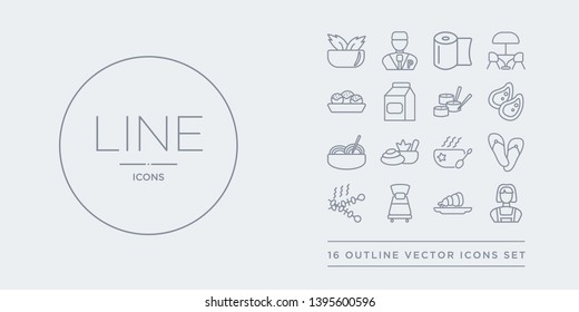 16 line vector icons set such as servant, shrimp, single bed, skewer, slippers contains soup, spa, spaghetti, steak. servant, shrimp, single bed from hotel outline icons. thin, stroke elements