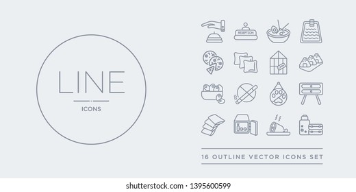 16 line vector icons set such as luggage, meat, minibar, napkins, nightstand contains no pets, no smoking, olives, onigiri. luggage, meat, minibar from hotel outline icons. thin, stroke elements