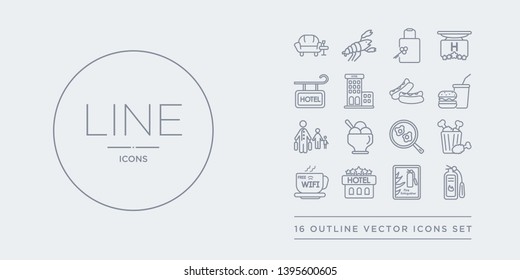 16 line vector icons set such as extinguisher, fire extinguisher, five stars, free wifi, fried chicken contains fried egg, frozen yogurt, guest, hamburger. extinguisher, fire five stars from hotel