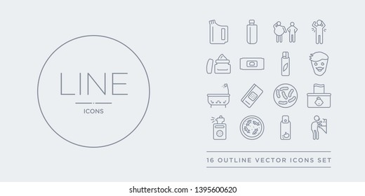 16 line vector icons set such as ablution, air freshener, antibacterial, antiseptic, baby wipe contains bacteria, bandage, bathroom, beardy. ablution, air freshener, antibacterial from hygiene