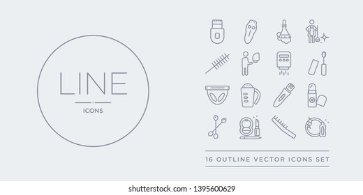 16 line vector icons set such as clean dishes, comb, cosmetics, cotton swab, deodorant contains depilator, detergent dose?, diaper, dolled up. clean dishes, comb, cosmetics from hygiene outline