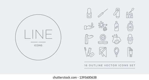 16 line vector icons set such as hair washing, hand mirror, handkerchief, hygiene kit, hygienic pad contains lather, lens, lip balm, liquid soap. hair washing, hand mirror, handkerchief from hygiene