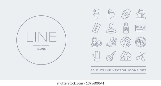 16 line vector icons set such as nail scissors, napkin, nasal aspirator, paper towel, parasite contains pathogen, pedicure, powder, primp. nail scissors, napkin, nasal aspirator from hygiene outline