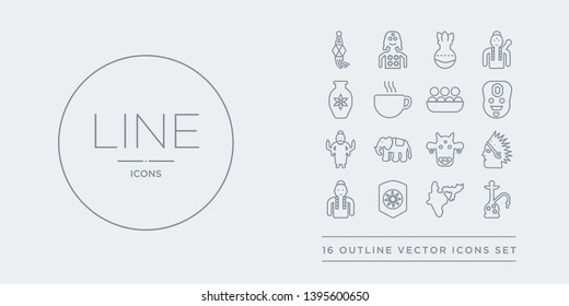 16 line vector icons set such as hookah, india, india badge, india mother, indian contains indian cow, indian elephant, goddess, man. hookah, badge from outline icons. thin, stroke elements