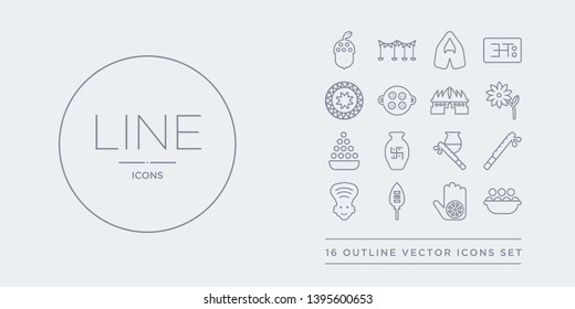 16 line vector icons set such as kanji vadas, karma, kartikeya, kathakali, krishna contains krishna janmashtami, kumbh kalash, laddu, lakshmi. kanji vadas, karma, kartikeya from india outline icons.